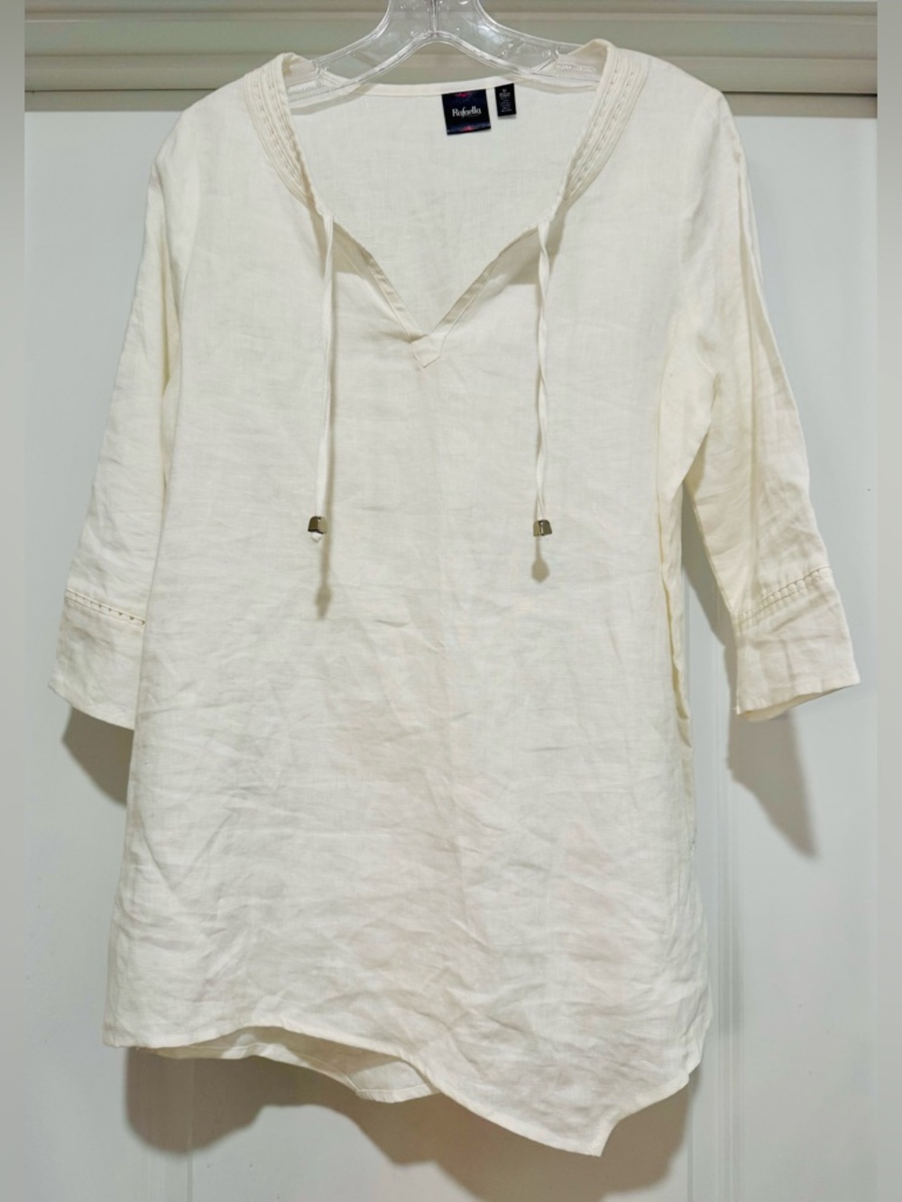 Rafaella Women’s White 100% Linen Split-Neck Tunic with Ties Size S
